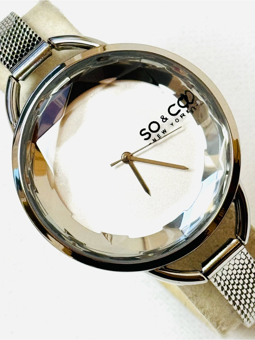 SO & CO New York Chelsea Bevelled Crystal Women's Silver Watch Mesh Band 5104.1
